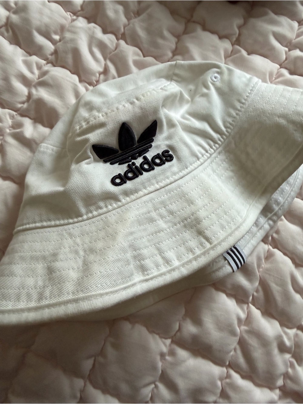 adidas White Bucket Hat with Black Logo Tape
